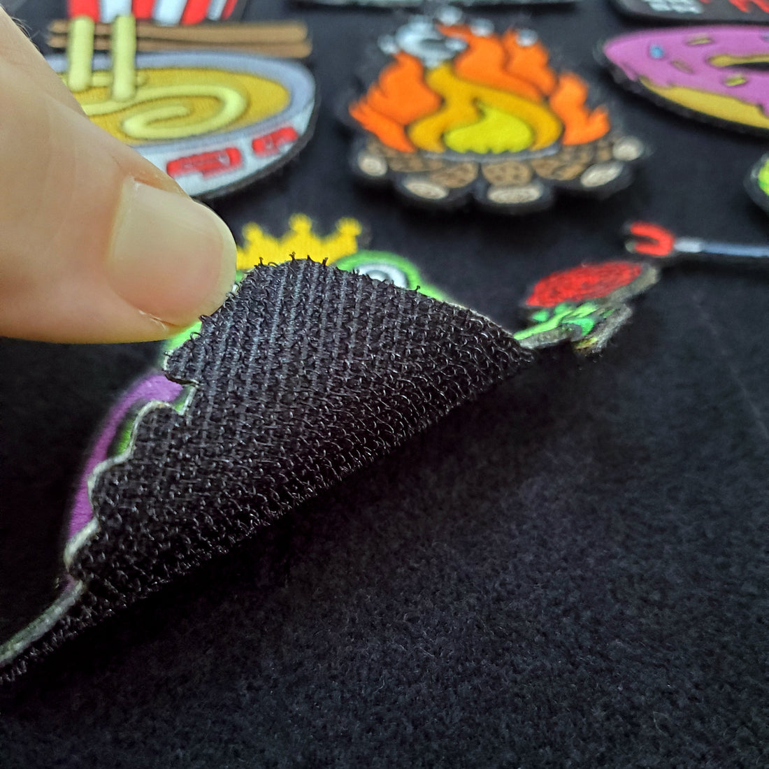 Kolorspun hook and loop food patches on a tactical backpack